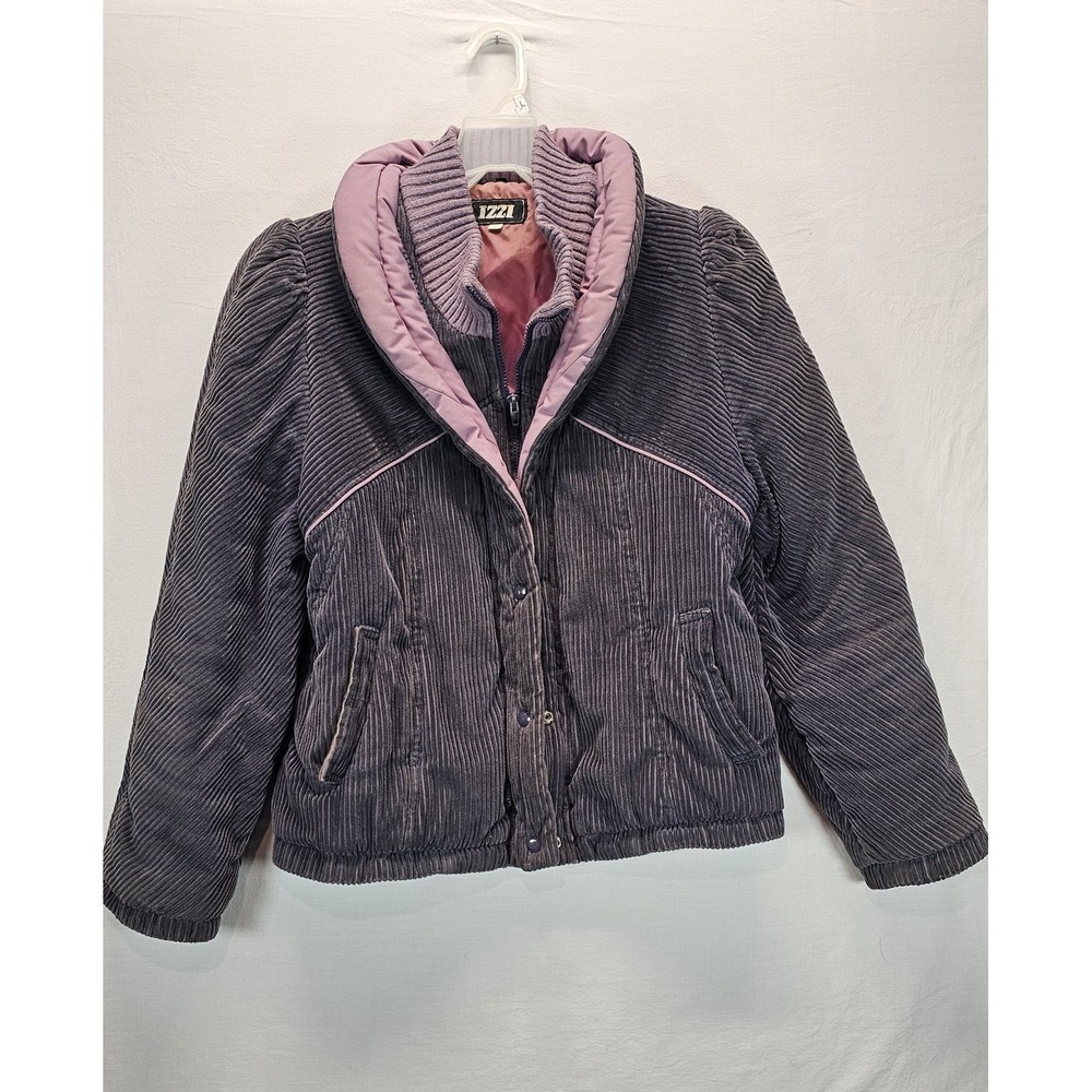 Vintage 80s Izzi Corduroy Puffer Jacket Women's Large Purple Pink Lined Coat